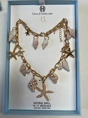 House of Harlow 1960 Gold and Cream Natural Shell Necklace Lead Free 16-19” NEW